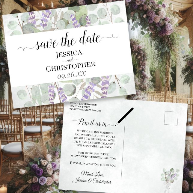 Rustic Lavender & Eucalyptus Wedding Save the Date Announcement Postcard (Front/Back)