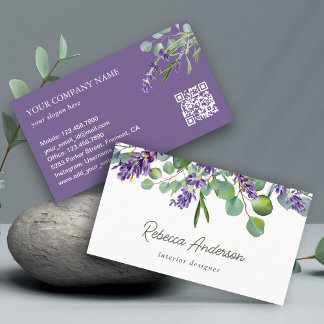 Rustic Lavender Floral Eucalyptus QR Code Business Card