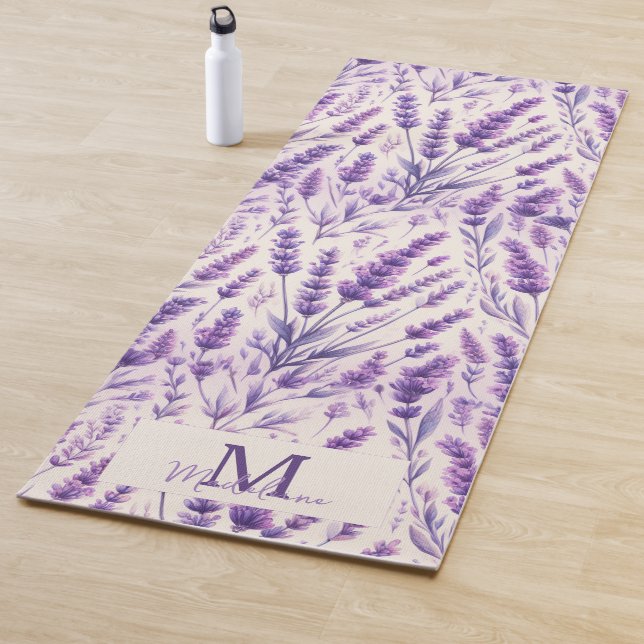 Rustic Lavender Floral Pattern Chic Name Monogram Yoga Mat (In Situ)