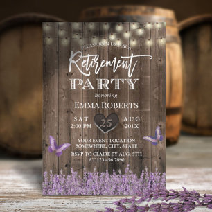 Rustic Lavender Floral Vintage Wood Retirement Invitation
