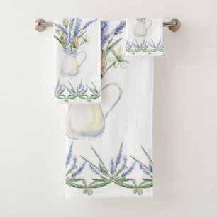 Rustic Lavender Jug Floral Watercolor Bath Towel Set