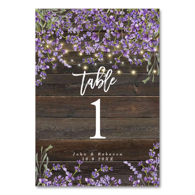 rustic lavender lights wedding table number card (Front)