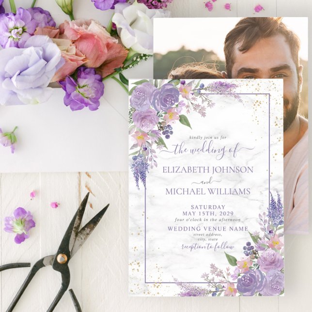 Rustic Lavender Lilac Gold Floral Photo Wedding Invitation (Creator Uploaded)