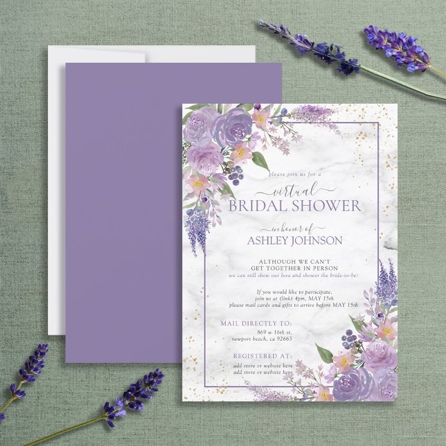 Rustic Lavender Lilac Gold Floral Virtual Shower Invitation (Creator Uploaded)