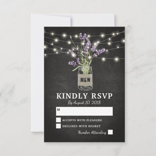 Rustic Lavender Mason Jar Lights Wedding RSVP Card (Front)
