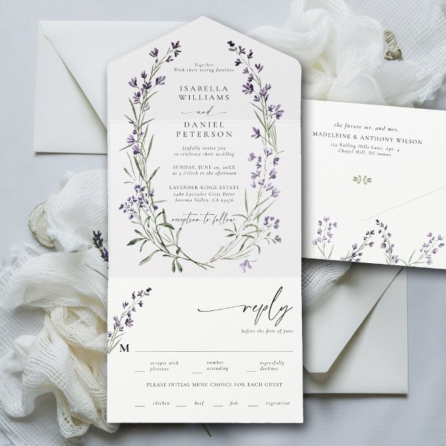 Rustic Lavender Meal RSVP Modern Romantic Wedding All In One Invitation (lavender wedding invitation provence wreath modern classic elegant watercolor meal rsvp all in one)