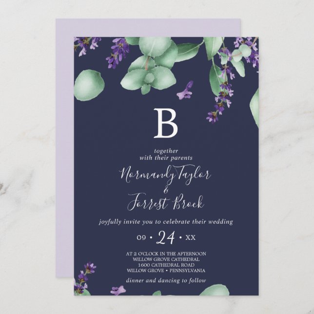 Rustic Lavender | Navy Blue Monogram Wedding Invitation (Front/Back)