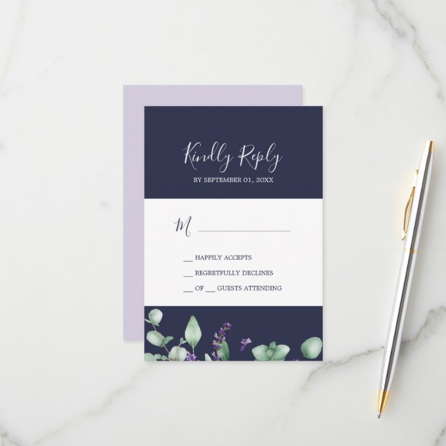 Rustic Lavender | Navy Blue Simple RSVP Card (Front/Back In Situ)