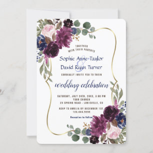 Rustic Lavender Navy Gold Floral Bloom Wedding Invitation