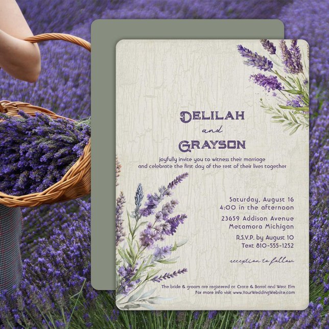 Rustic Lavender Purple Flowers Wedding Invitation (Lavender and Sage invitation for your casual wedding.)