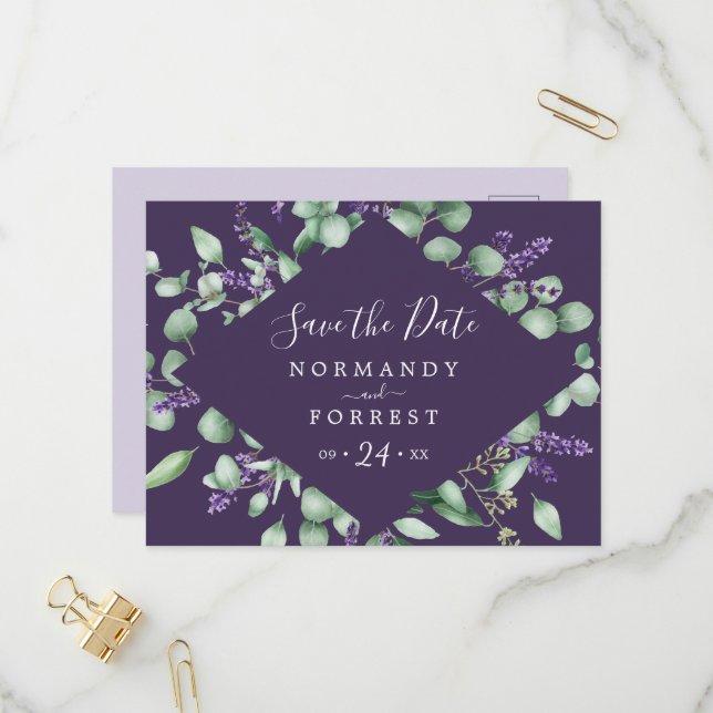 Rustic Lavender | Purple Save the Date Postcard (Front/Back In Situ)