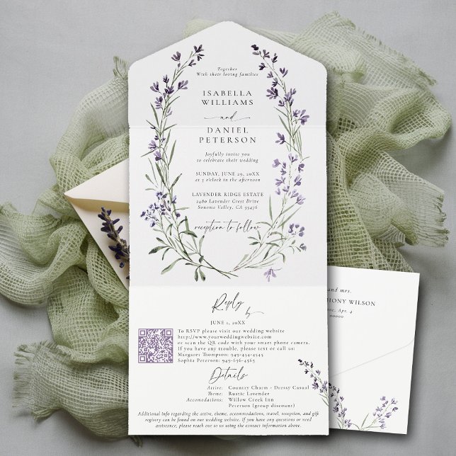 Rustic Lavender RSVP Details Modern Chic Wedding All In One Invitation (lavender wedding invitation provence wreath modern classic elegant watercolor theme all in one)