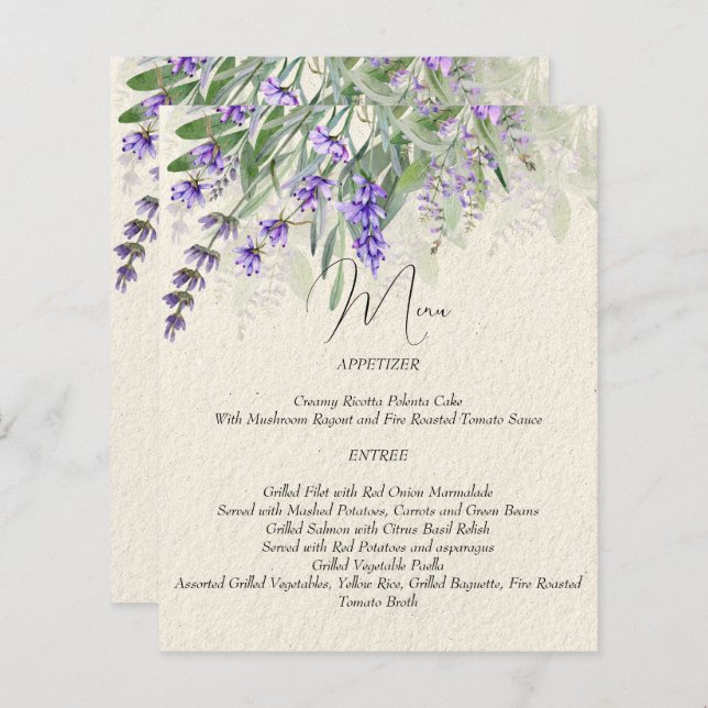 Rustic lavender wedding menu card (Front/Back)