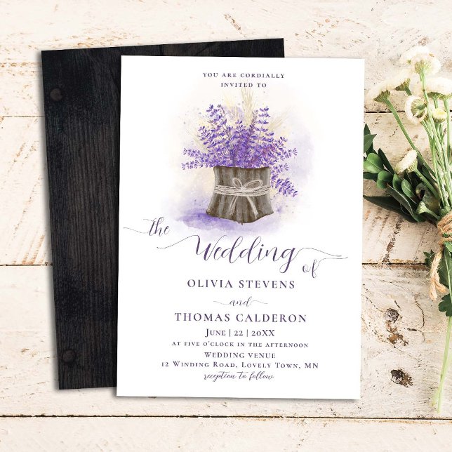 Rustic Lavender Wheat Wood Flower Pot Chic Wedding Invitation (Creator Uploaded)