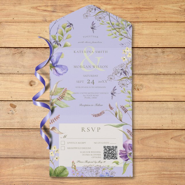 Rustic Lavender Wildflowers Lavender QR Code All In One Invitation (Rustic Lavender Wildflowers Lavender QR Code All In One Invitation)