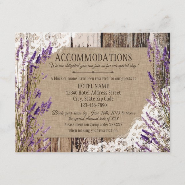Rustic Lavender Wood Lace Accommodations Card (Front)