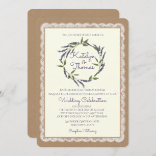 Rustic Lavender Wreath and Lace Wedding Invitation
