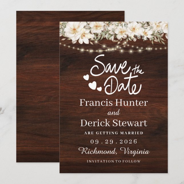Rustic Leaf String lights Wood Save The Date Invitation (Front/Back)