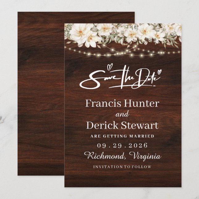 Rustic Leaf String lights Wood Save The Date Invitation (Front/Back)