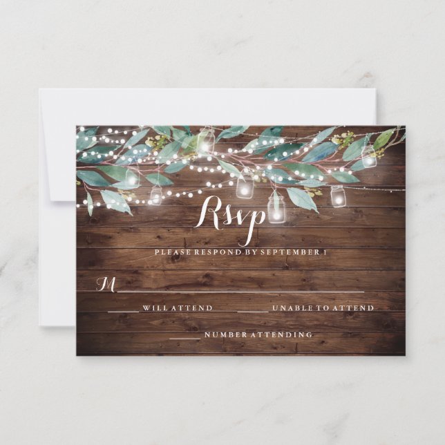 Rustic Leaf String lights Wood Wedding RSVP (Front)