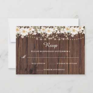 Rustic Leaf String lights Wood Wedding RSVP Card