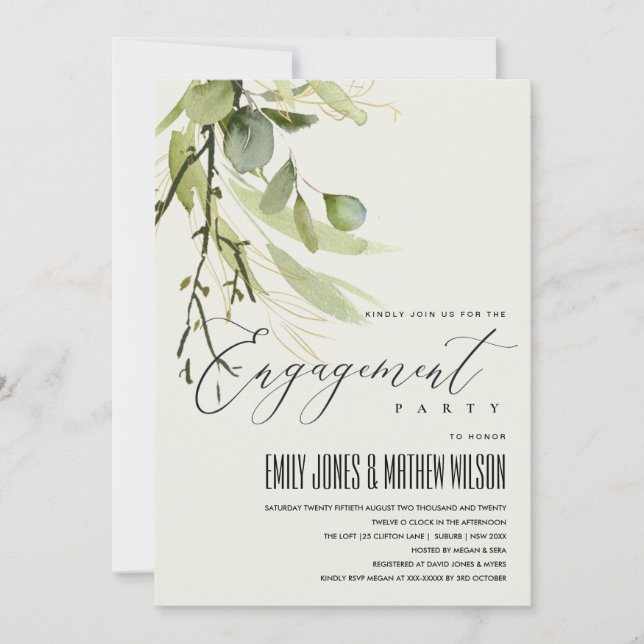 RUSTIC LEAFY GREEN FOLIAGE WATERCOLOR ENGAGEMENT INVITATION (Front)