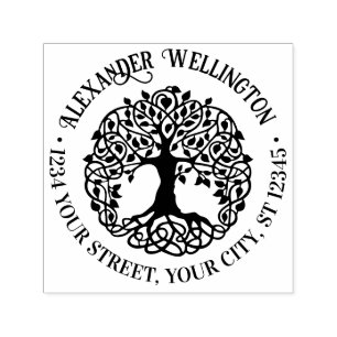 Rustic Leafy Tree with Roots Name Return Address Self-inking Stamp