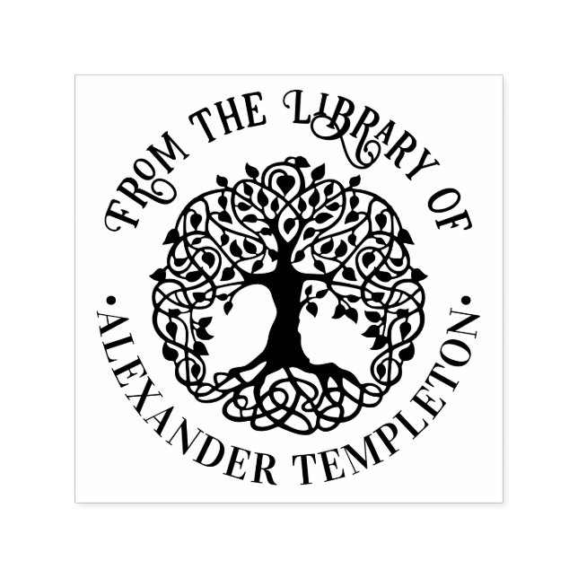 Rustic Leafy Tree with Roots Rnd Library Book Name Self-inking Stamp (Design)