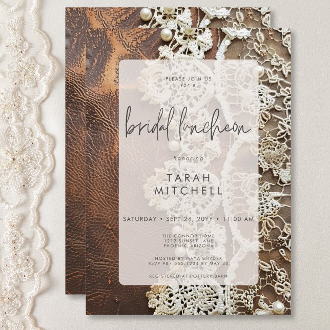 Rustic Leather & Bridal Lace Bridal Luncheon Invitation (Rustic Leather & Bridal Lace Bridal Luncheon Invitation)