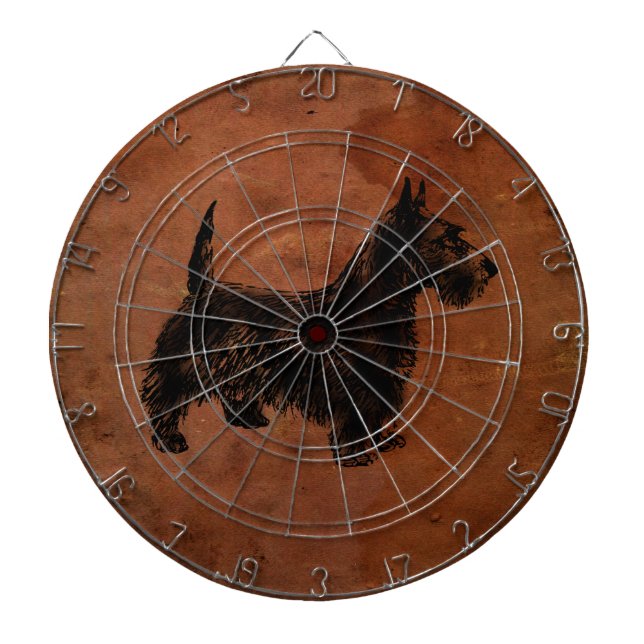 Rustic Leather with Scottish Terrier Illustration Dartboard (Front)