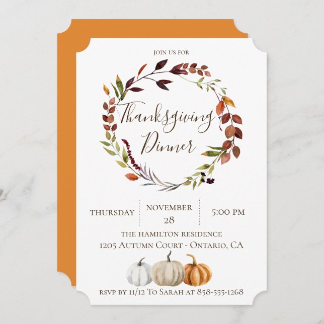 Rustic Leaves and Pumpkins Thanksgiving Dinner Invitation (Front/Back)
