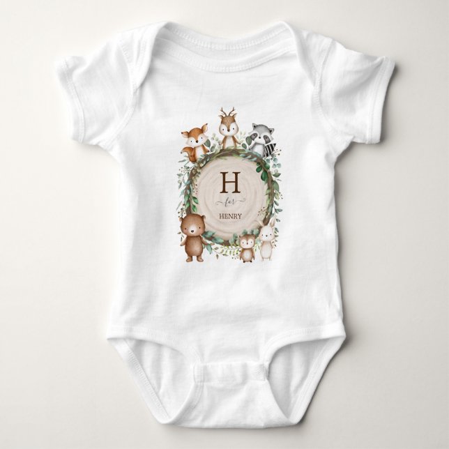Rustic Leaves Cute Woodland Animal Custom Monogram Baby Bodysuit (Front)