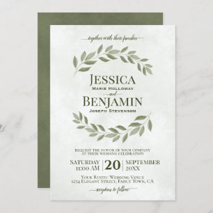 Rustic Leaves Elegant Sage & Olive Green Wedding Invitation
