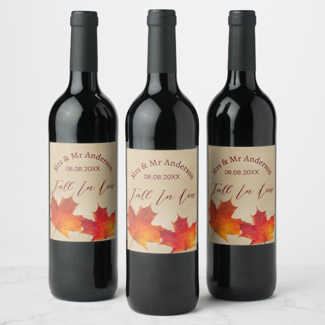 Rustic Leaves Fall in Love Autumn Wedding Favour Wine Label (Bottles)