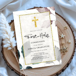 Rustic Leaves Gold Glitter Cross First Communion  Invitation