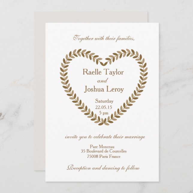 Rustic leaves heart gold white wedding invitation (Front/Back)