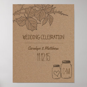 Rustic Leaves Mason Jar Heart Wedding Poster