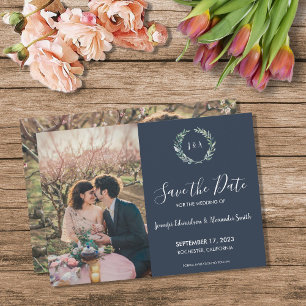 Rustic leaves monogram photo Save the Date Invitation