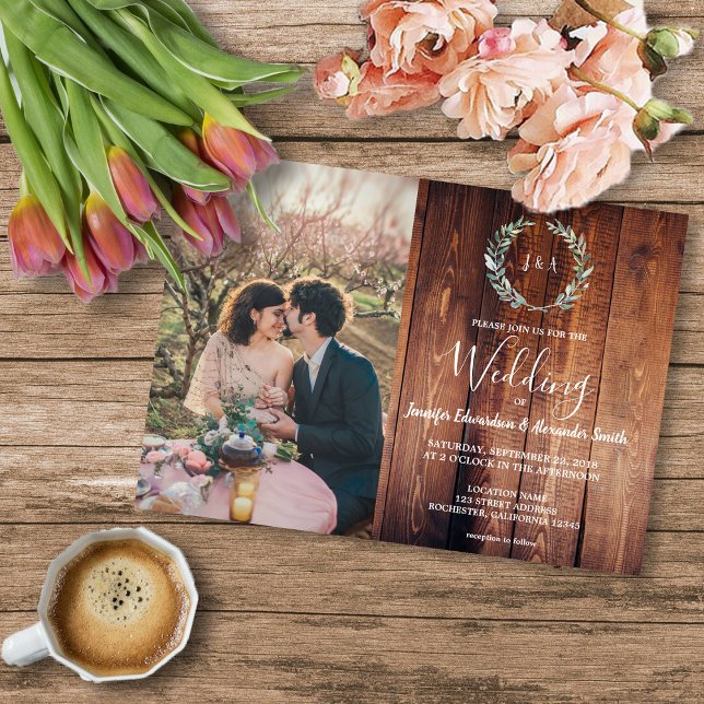 Rustic leaves on barn wood monogram photo Wedding Invitation (Rustic leaves on barn wood, monogrammed photo wedding invitation.)