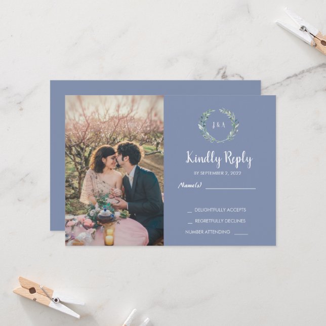 Rustic leaves on wood monogram photo RSVP Wedding Invitation (Front/Back In Situ)