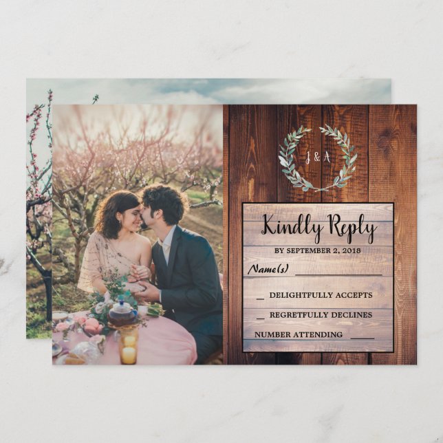 Rustic leaves on wood monogram photo Wedding RSVP Invitation (Front/Back)