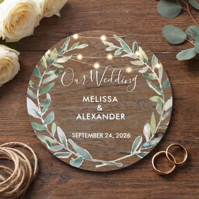 Rustic leaves on wood string lights wedding classic round sticker (Rustic leaves on wood string of lights wedding classic round sticker. For your rustic wedding.)