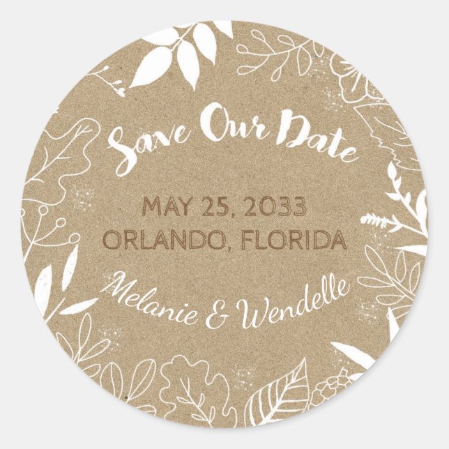 Rustic Leaves Wedding Save the Date Classic Round Sticker (Front)