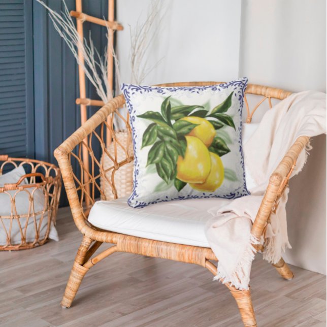 Rustic Lemon and Blue Toile Border Accent Cushion (Creator Uploaded)