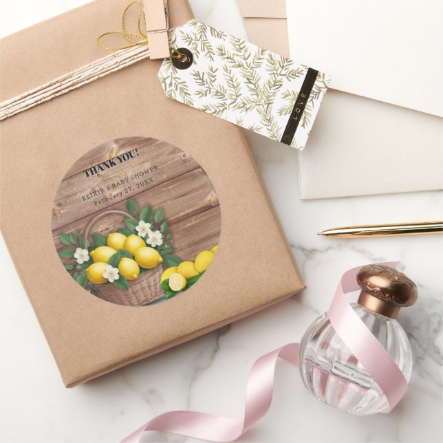 Rustic Lemon Basket Modern Cute Baby Shower Classic Round Sticker (Gifting)