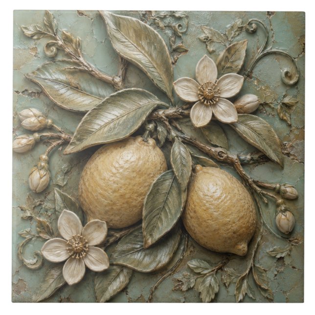 Rustic Lemon Blossom Citrus Faux Relief Ceramic Tile (Front)