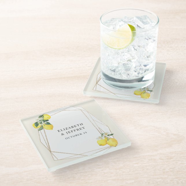 Rustic Lemon Citrus Boho Summer Wedding Glass Coaster (Angled)