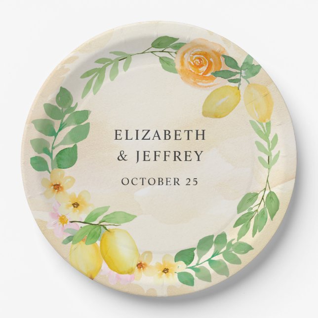 Rustic Lemon Citrus Boho Summer Wedding Paper Plate (Front)