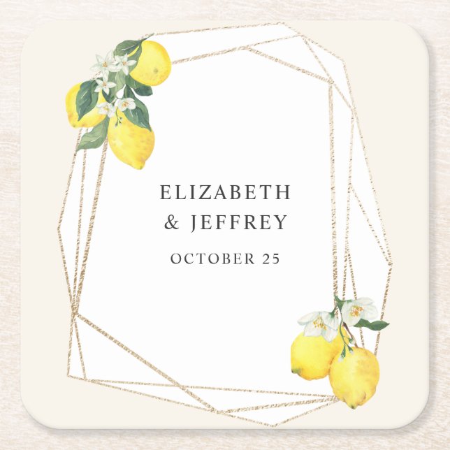 Rustic Lemon Citrus Boho Summer Wedding Square Paper Coaster (Front)