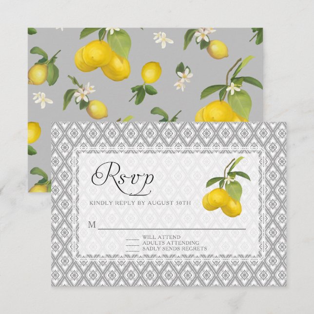 Rustic Lemon Citrus Floral Yellow Grey White RSVP Card (Front/Back)